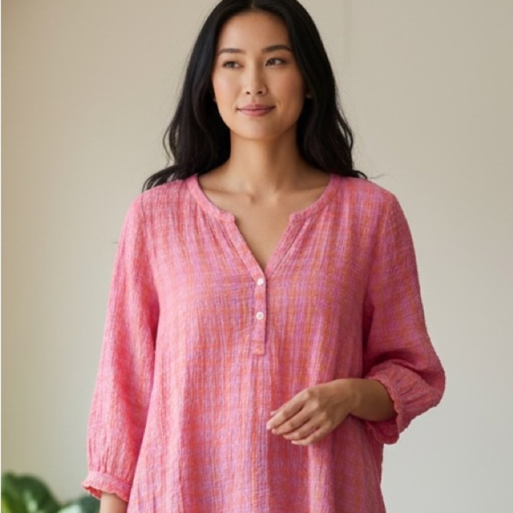 J. Jill Cotton Gauze Checkered Partial Button-Down Tunic Pink and Orange Size LP